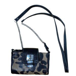 Nine West Leopard Print Mini Crossbody Purse With Chain Strap & Button Closure